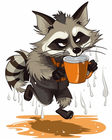 clipart sticker of dry racoon sipping coffee walking down a wet alley after a storm