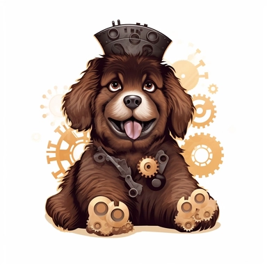 friendly and happy newfoundland dog, with cute eyes, in the style of steampunk, clipart, white background, lots of cogs,