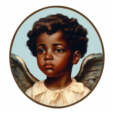 Vintage 1920 Portrait Shot View Of a Sad black child head with Angel Wings Behind it Illustration , in the style of late 19th century, Chromolithograph, 1920s Illustration, Vintage, Chromolithograph, Colorful, Antique, Ephemera, Clipart, 8k, Isolated on white