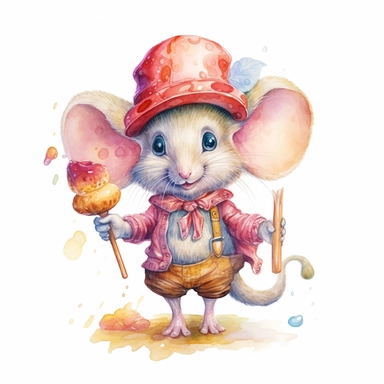 Whimsical Wonderland, clipart, cute mouse character, vibrant colours,Watercolor, Detailed, sweet, majestic, high resolition, isolated on a white background