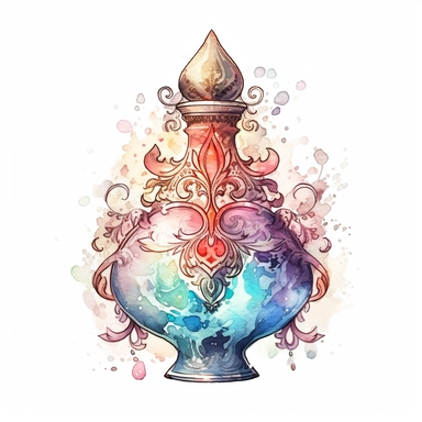 clipart, front view, sharp focus, ornate, whimsical nursery illustration of a potion bottle in soft watercolor, isolated on a solid white background