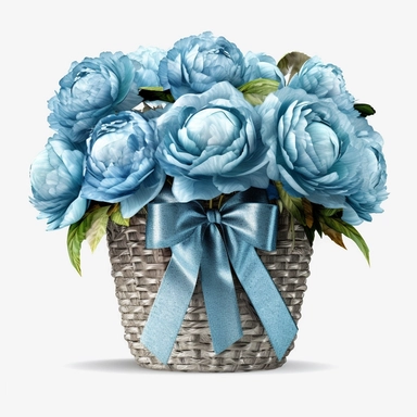 Watercolour realistic pastel blue iridescent glitter peonies in wooden wicker basket with delicate ribbon bow wrapped around it intricately realistically detailed pastel blue peonies, PNG image,transparent background ,ultra highly detailed, 18k, sharp focus, bright photo with vibrant colours, digitally enhanced,photographic, enhanced graphics, png format, straight, sharp focus, bright lighting, intricate detailed png image ,high definition,300dpi,graphic clipart,computer graphics