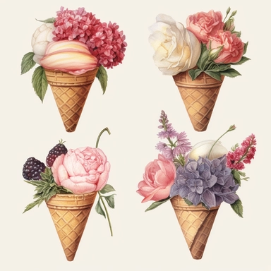 4 watercolor cliparts of neoclassical icecream with flowers integrated on it, yaka art, Hyperrealistic still life, aurorapunk, 1990s, appropriation artist, hellenistic art