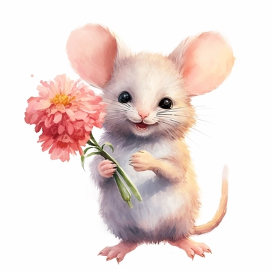 realistic clear watercolor of a cute mouse holding a flower clipart