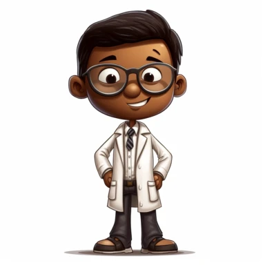 clipart peanuts style cartoon, boy wearing lab coat, dark skin, full body, white background