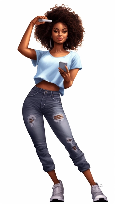 ultra detailed Black Girl Self Love Clipart, solid white background, cozy outfit, beautiful, super cute , super hot, full body shot, self love happy pose, with win glass, thick , contour, PHOTOREALISM