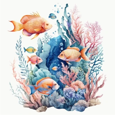 watercolor ocean coral reef with sea life and tropical fish clipart white backround