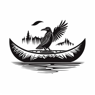 canoe logo with bird, black and white, monochrome, stencil, clipart