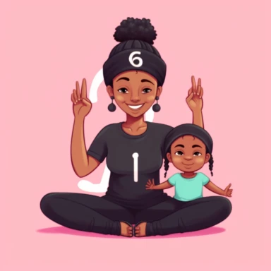 cute black chibi mommy and daughter doing yoga, smiling and wiearing a pink cap, clipart, childrens book charachter, must have correct number of fingers and toes