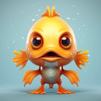 Front view of animated big-eyed goldfish standing wearing t-shirt character design, full body, face drawing in top quality, high quality face drawing, clipart, full illustration, 4k, sharp focus, skin. Soft, symmetrical, detailed face, concept art, fairy tale style, Chibi Kawaii. Octane rendering, 3D, perfect face, detailed face, delicate face, perfectly sharp lips. model, detailed eyes