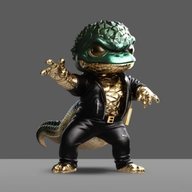 baby Godzilla, looks like Michael Jackson, doing dance steps, wearing a miami heat basketball jersey, wearing a gold pendant with a gold bitcoin on it, wearing hip hop style black satin pants and a green iridescent silk shirt, techno lighting, clipart on plain background