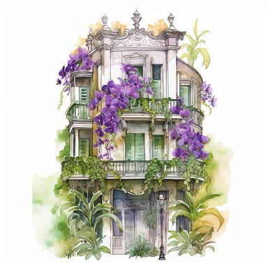 Orchid Townhouse - From the Whimsical Botanical Dwellings collection, this watercolor clipart displays a sophisticated townhouse designed entirely out of Orchid Elegance and Fern Green orchids. The tall, multistory dwelling is a visual treat, with the deep purple orchids making the edifice and the green leaves adding beautiful detailing. The Orchid Townhouse stands out in full color and detail from the white background. Peony Carriage House - Part of the Whimsical Botanical Dwellings collection,