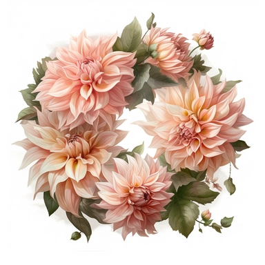 a simple gorgeous A wreath made with creamy peachy-light pink Café Au Lait Dahlia flowers and greenery on white background clipart, watercolor painting realistic, high quality, vibrant, Vicente Romero Redondo, Willem van Aelst