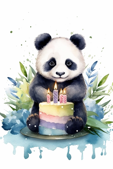 Create a watercolor clipart picture of a cute panda sitting next to a birthday cake, with small flowers and greenery. The panda should have a friendly and adorable expression, with its black and white fur depicted in soft watercolor textures. The cake should be a single-tier design with pastel colors and simple decorations, such as sprinkles and candles. Scatter small flowers and greenery around the cake and the panda to create a whimsical and natural atmosphere. To add to the celebratory feel, 