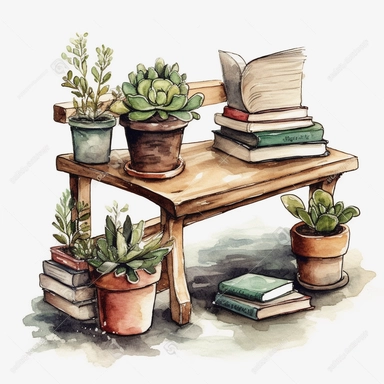 watercolor, hyper realistic, white background, white margins, 16k, ultra detailed clipart, cut out image, hand-drawn, whimsical, sticker style a peaceful garden corner with a wooden bench and a coffee table, a potted plant, and a stack of books. watercolor, hyper realistic, white background, white margins, 16k, ultra detailed clipart, cut out image, hand-drawn, whimsical, sticker style a peaceful garden corner with a wooden bench and a coffee table, a potted plant, and a stack of books