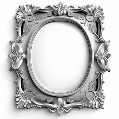 A single vintage silver frame clipart with a glossy, reflective finish and a rounded rectangular shape. The intricate details of the frame are highlighted by the shine of the silver, creating a modern and sleek look. The background is a soft gray with a subtle texture, adding depth and dimension to the design. [1], [2], [3], [4], photography, Close-up macro photography with a wide-angle lens, creating a shallow depth of field and emphasizing the intricate details of the frame. Shot on a Canon EO
