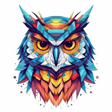 Curious Owl, geometric-inspired illustration, clipart, abstract style, vibrant colors, white background