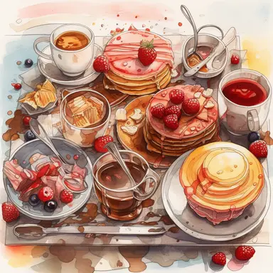 watercolor, breakfast and the desserts illustration, in the style of fluid watercolor washes, red and beige, 8k 3d, commission for, vividly bold designs, detailed designs, multiple screens commission for, vividly bold designs png Full body realistic cartoon in 32K UHD cute. 15 cm thick outline. Black color. There was no shadow on the ground. 8k with realistic watercolors and detailed illustrations. PNG clipart, transparent white background