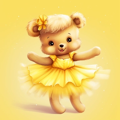 Adorable cute fantasy Teddy bear dressed like a Romantic ballerina, wearing yellow tutu, nursery art, clipart image, lineart image, solid background, high contrast with background , very detailed, 8k