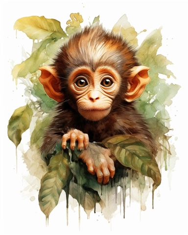 natural saturated baby monkey watercolor design, realistic hyper-detail, in the style of victorian-inspired illustrations,realistic shading, pictorial fabrics, contest winner, organic designs, on a plain white background, clipart, masterpiece, trending on Artstation and Dribbble.