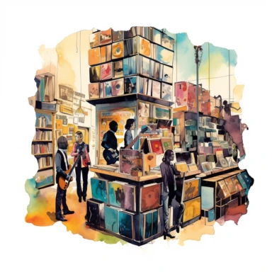 A retro-style record store with vinyl albums and posters of iconic musicians, clipart, watercolor, white background, american style