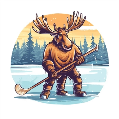 Showcasing a cartoon Moose playing hockey on a frozen lake. The design should capture the Moose's comical nature and incorporate a popular Canadian sport. The artwork can be lively and humorous, with the Moose wearing a hockey jersey and holding a hockey stick.r, that can be used as a sticker, colorful, highly detailed, white background, style of pixar clipart, white background,--no cut off edges