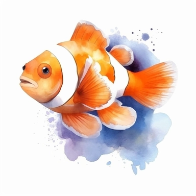 watercolor sea animal, clipart, white background, animated shape, nemo fish ,