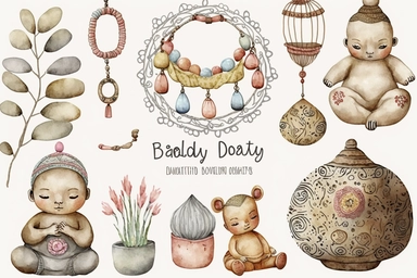 boho, nursery items, baby toys, watercolor clipart, zen meditation Buddhist style, intricately detailed, very clean and detailed images