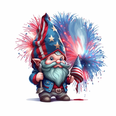 cute patriotic gnome holding american flag in the style of artgerm, fireworks in the back, clipart, pixel art, on white background