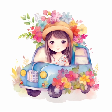 watercolor illustration of adorable cute CHIBI GIRL FLORAL vehicle kawaii, digital art, concept,art,8k,hd,kawaii,isolated,detailed,white backround, clipart