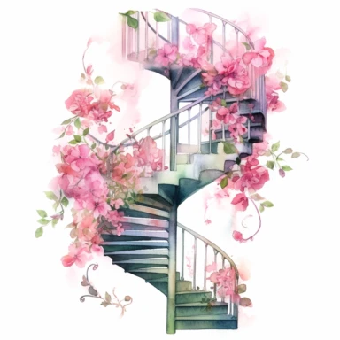 Whimsical watercolor illustration of pink flowers gracefully spiraling down a staircase, capturing a sense of movement, rhythm, and the whimsical nature of dreams and imagination, as if the flowers are dancing through the air, clipart on a clean white background.