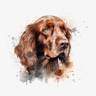 watercolor, irish setter,, clip art , 4K, high resolution, hyperrealistic, splatter, solid white background