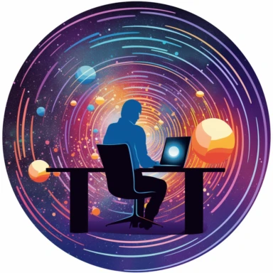 a clipart style image showing an aerial, circular view of a single human figure sitting at a desk and using a computer. The background is a galaxy starscape