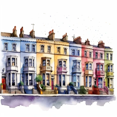 A row of colorful Notting Hill houses, symbolizing London's vibrant neighborhoods, Clipart, watercolor, white background, intricate detail
