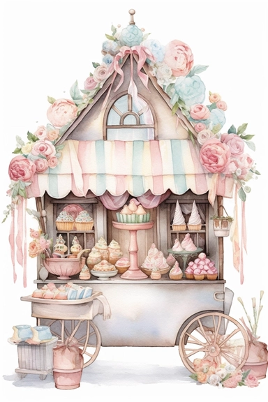 Watercolor wedding sweets stand, wedding clipart, simple, soft colors, cartoon elements, watercolor boho style, white transparent