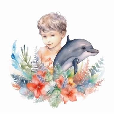watercolor two sweet boys swimming with shells and dolphins in the sea, flowers clipart on white blackground
