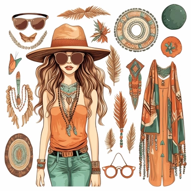 Boho Fashion Accessories: Design clipart showcasing bohemian fashion accessories like wide-brimmed hats, layered necklaces, statement earrings, fringed bags, flowing scarves, and boho-inspired clothing pieces. These elements can be incorporated into fashion illustrations or used in fashion-related designs with vibrant colors, organic shapes, and a sense of free-spiritedness to capture the essence of bohemian decoration.