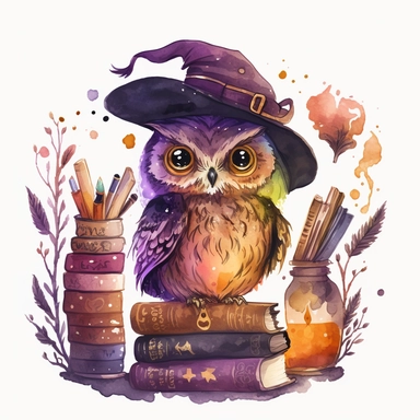 Watercolour cute witches owl, wearing a witch hat, clipart. The owl is sitting on a bookshelf, surrounded by books and potions. Its feathers are a mix of dark and orange shades, and its eyes are looking directly at the viewer. The witch hat has a purple ribbon, and the owl is holding a feather quill in its wing. The bookshelf is in a dark, candlelit room, with cobwebs and a cauldron in the corner. The books have titles like The Art of Witchcraft and Magical Potions and Spells. The potions on the