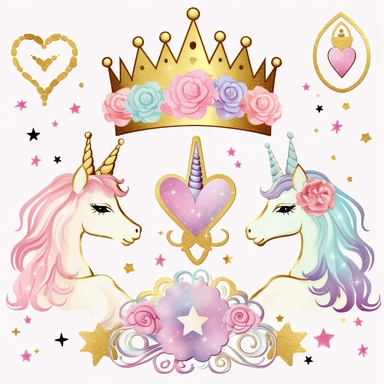 a collection of 3 rainbow pastel unicorn, princess castle, princess tiara, rainbow, gold star, pink star, hearts, flowers, roses, plastercine, soft watercolour light, clipart svg white background