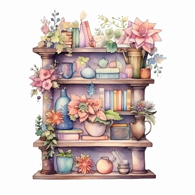 fantasy,cute,little,floral bookshelf,digital watercolor,light colors,clipart,white background