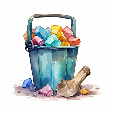 watercolor plastic beach pail and shovel, gem stone colors, clipart on white background