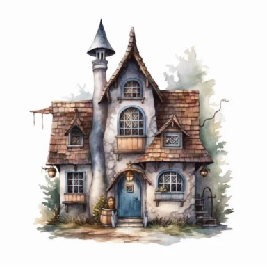 watercolor witch house, vintage style witch house, super high quality, professional watercolor clipart, high resolution, clip art, animals on the sides