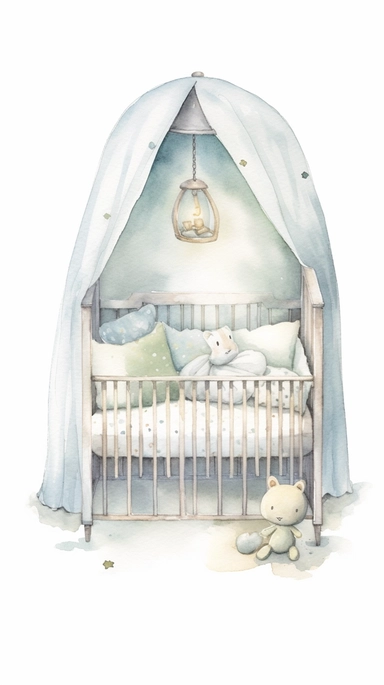 clipart aquarelle, newborn baby in the crib, neutral soft colors, minimalistic, adorable, shabby, situated in kids room