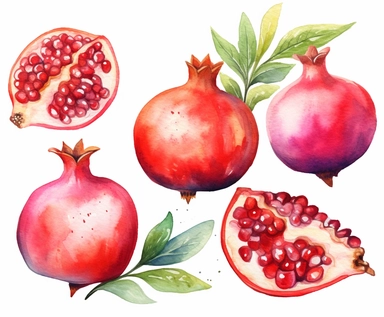 watercolor four Pomegranate fruits clipart, flat style, no volume, few details, washed out, minimalistic style, very lose details, very light colors, transparent colors, light airy hues and pastel tones, spaced out, white background, washed out colors and paint, hand-painted watercolor, watercolor spray, watercolor splash, splatters and paint smudges on top of each Pomegranate, watercolor paper with visible rough paper texture, a variety of watercolor brushes, do not cross workspace borders, rou