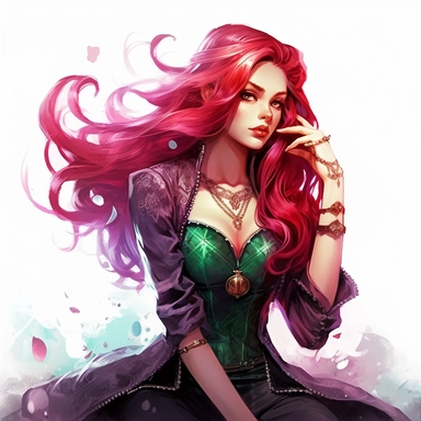 isney princess Ariel, long red rocker hairstyle, purple leather jacket over a green ballgown, seashell necklace, skulls, gothic style, rock style, clipart, white background, by Kawacy