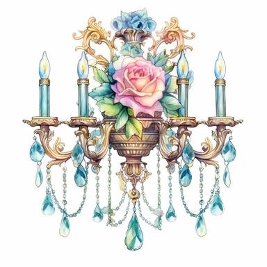 Make a clipart of a fairytale watercolor victorian chandelier, rococo, with bright pastel colors of blues and green, pink roses, gold accents, black outlines, hd, white background