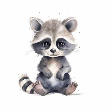 a sweet baby raccoon with kind eyes clipart with watercolor illustration,full body shot,8k,etsy style, white background