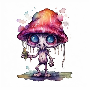 magic mushroom zombie, cute mushroom zombie, Watercolor clipart, magic solid background, transparent