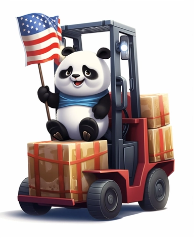 Showcasing a cartoon panda as a forklift operator, with the design incorporating patriotic elements and symbols representing the United States. The overall design can appear polished and poignant, with the panda proudly operating the forklift, that can be used as a sticker, colorful, highly detailed, with a white background, in the style of Pixar clipart, and no cut off edges.