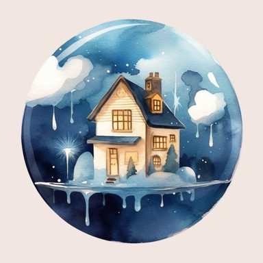 create a cute aesthetic crystal ball with a tiny home inside, clipart, brush made, watercolour, very minimalist, dark blue and brown shades, gold foiled,
